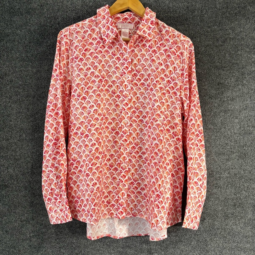 Stella Parker Womens Shell Print Button Up Top Size Large Coral Office Career - Picture 1 of 7